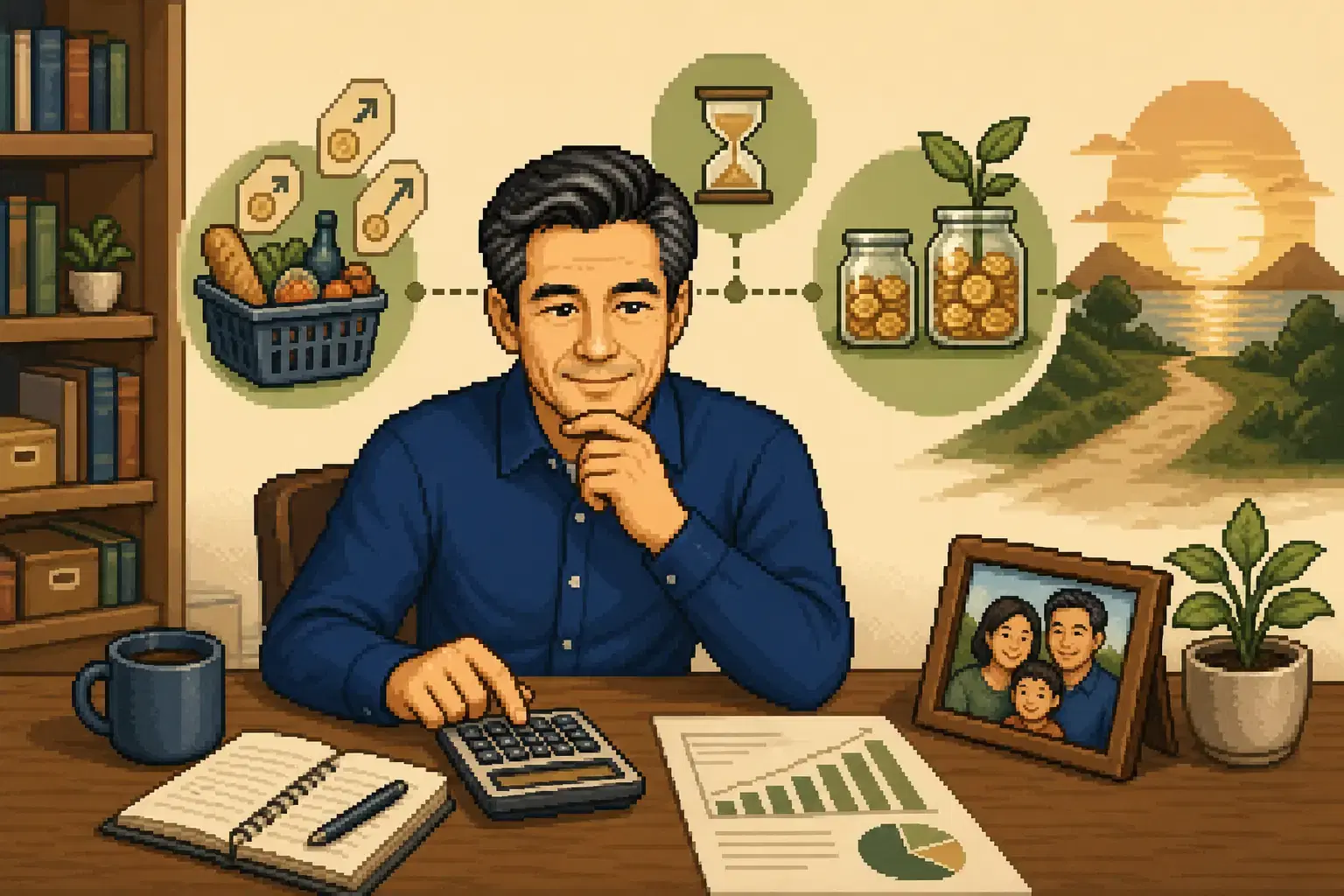 Retro pixel-art illustration of a family retirement plan balancing inflation, time, and savings.