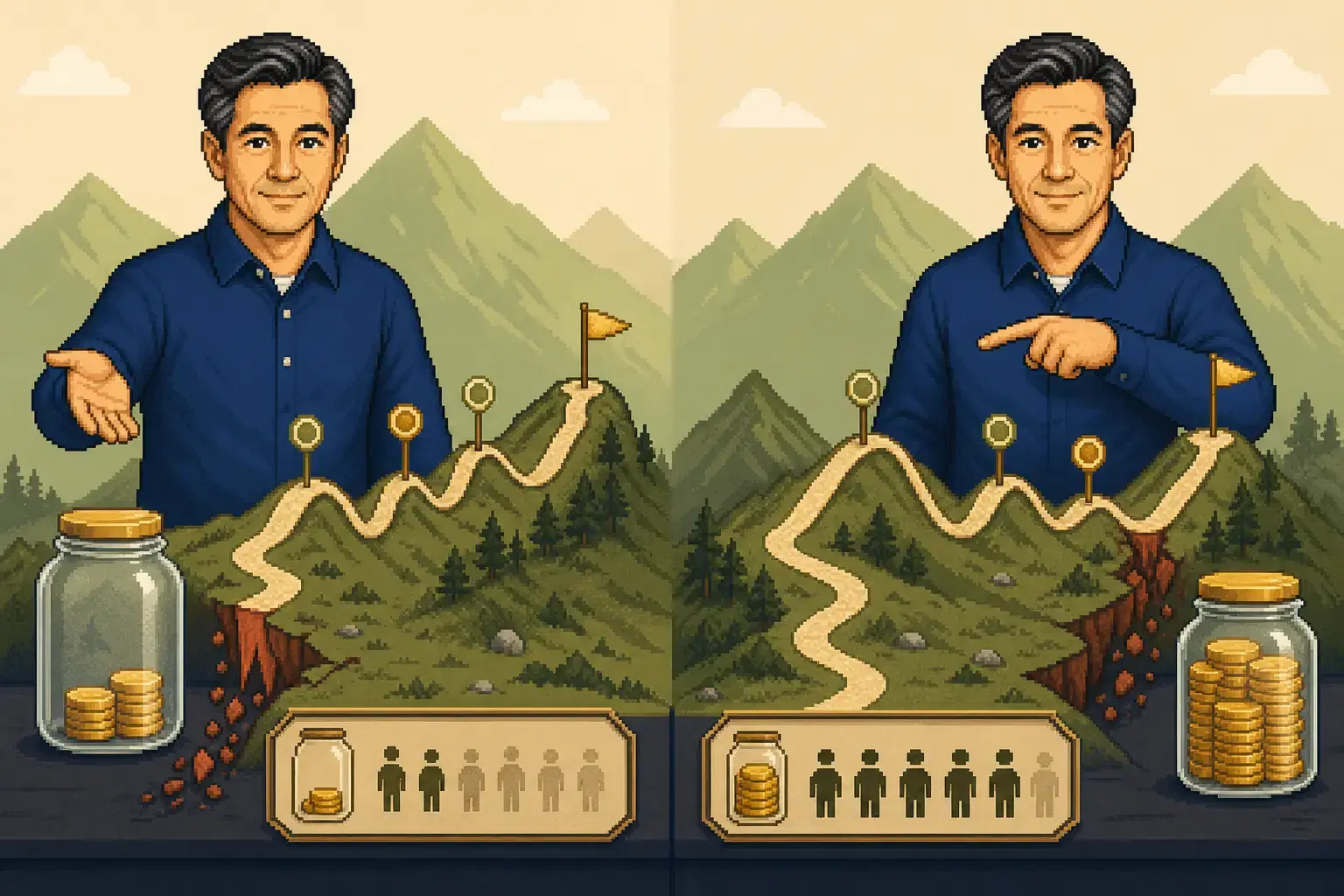 Retro pixel-art illustration of a retirement portfolio navigating gains and losses over time.