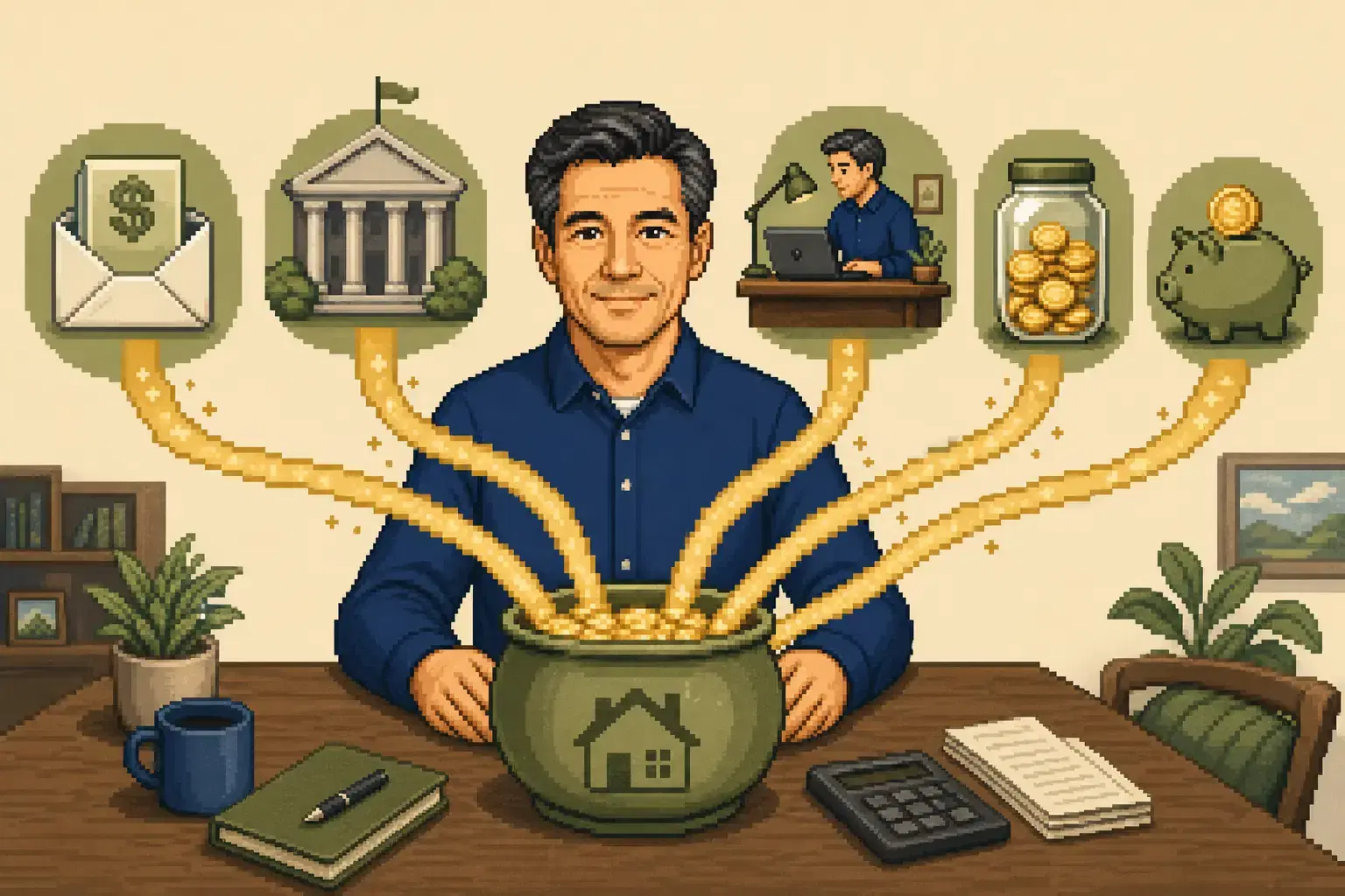 Retro pixel-art illustration of several retirement income streams flowing into a family budget.