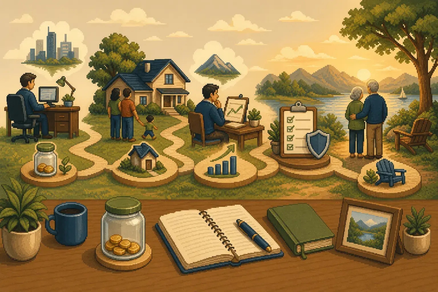 Retro pixel-art illustration of retirement planning across early career, midlife, pre-retirement, and the retirement transition.