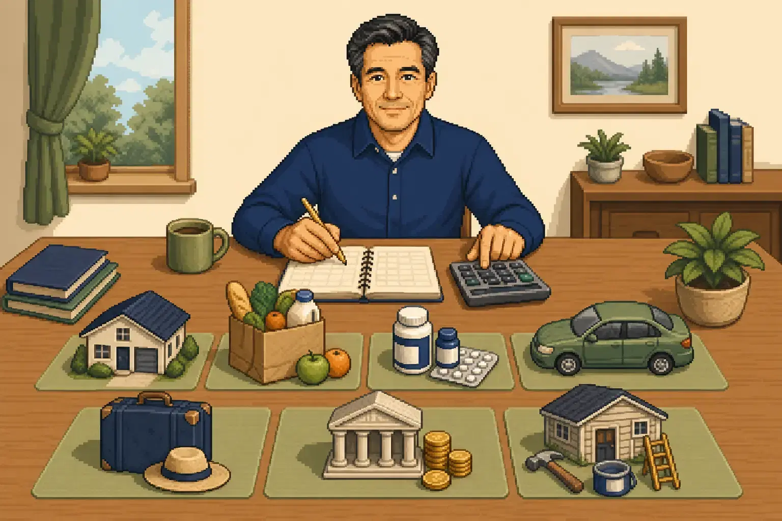 Retro pixel-art illustration of a family sorting a retirement spending budget into clear categories.