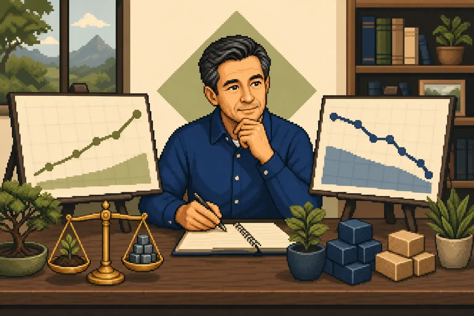 Retro pixel-art illustration of a retirement planner comparing realistic investment return assumptions.