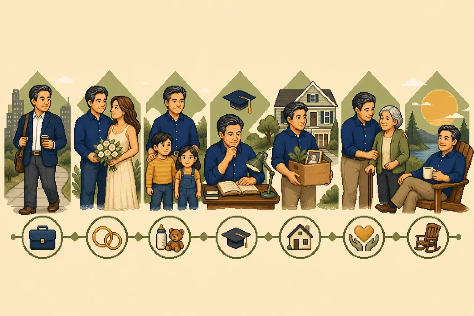 Retro pixel-art illustration of a family planning for health, care, and other retirement milestones.