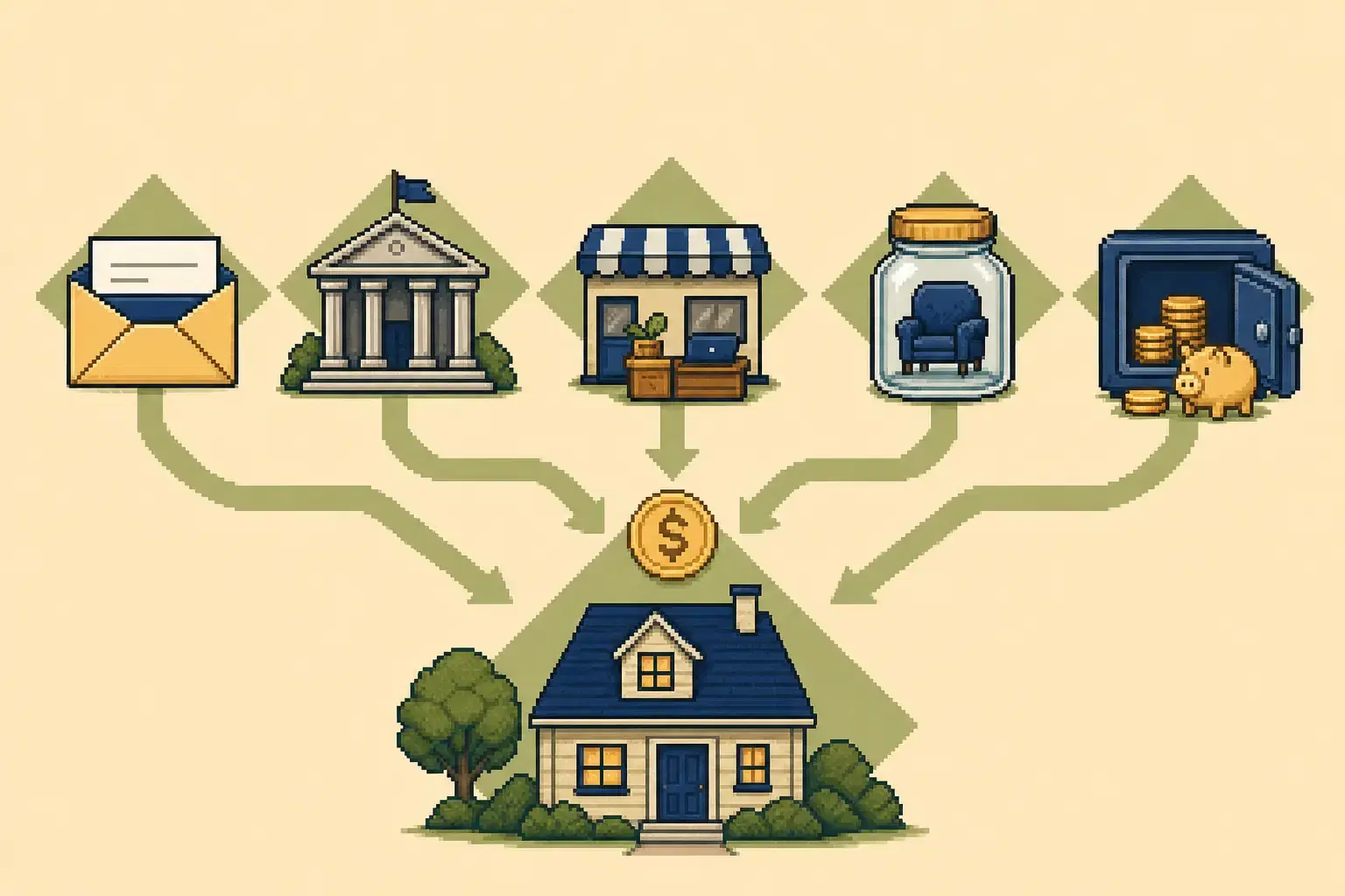 Retro pixel-art illustration of pensions, benefits, and work income flowing into one retirement budget.