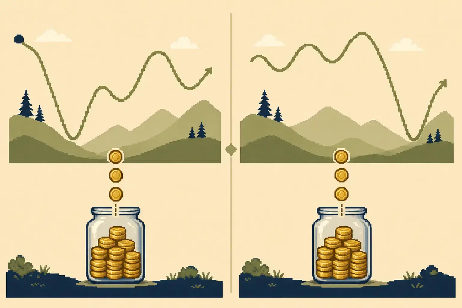 Retro pixel-art illustration comparing an early investment loss with a later loss during retirement.