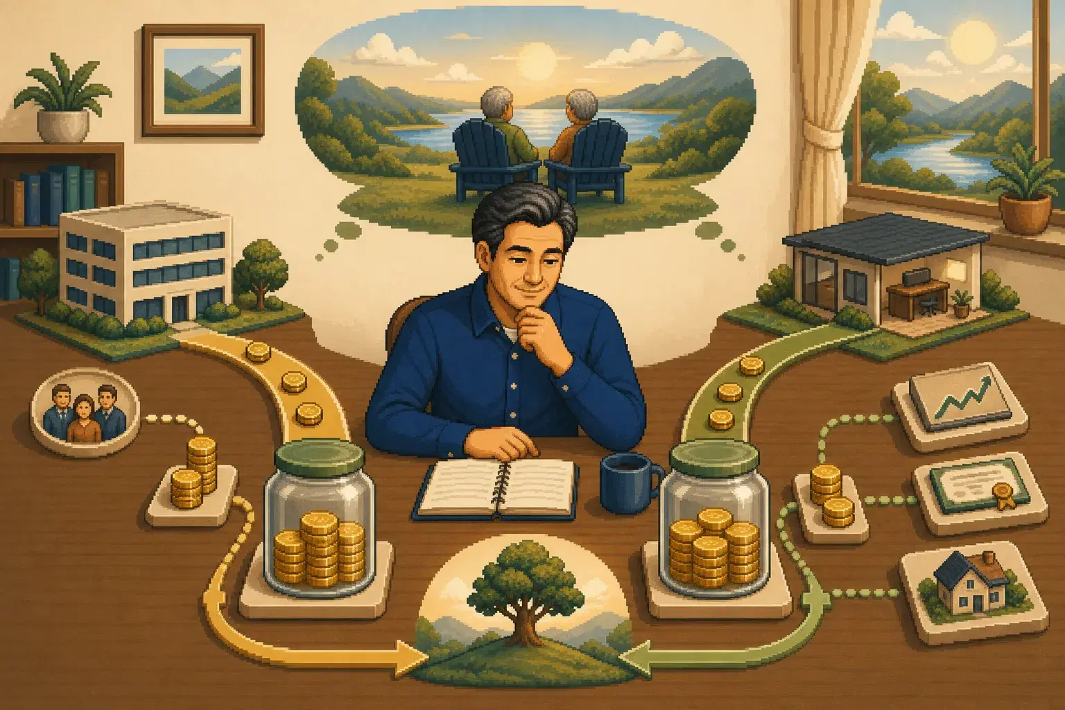 Retro pixel-art illustration of a worker comparing an employer retirement plan with an individually opened retirement account.