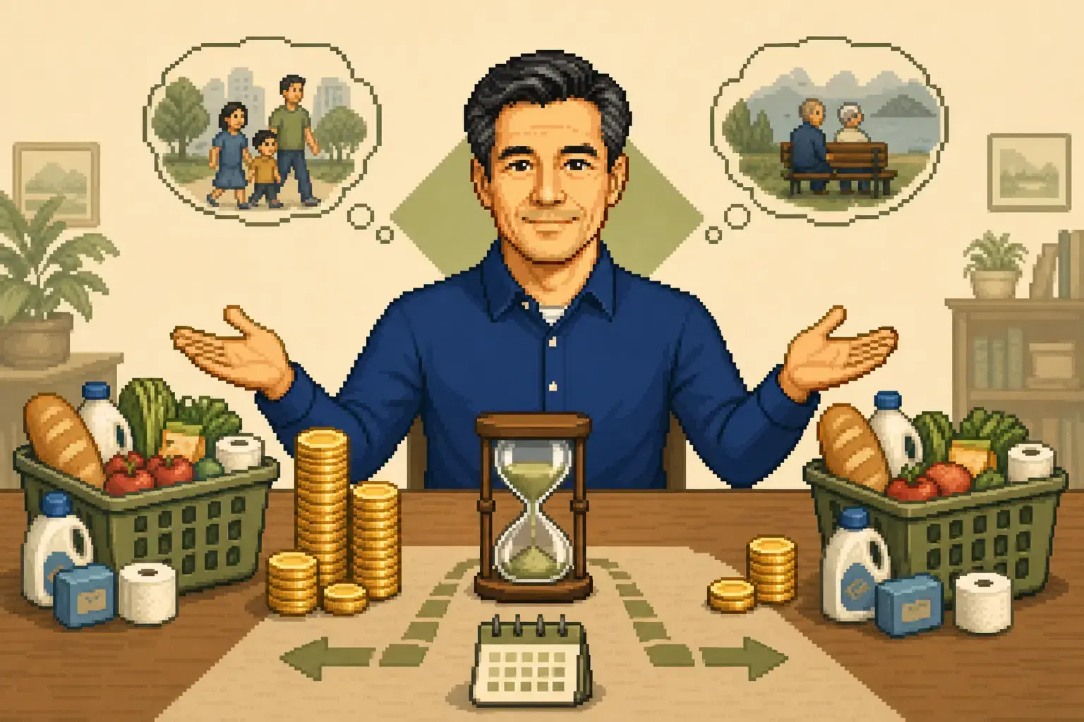 Retro pixel-art illustration comparing the purchasing power of current and future dollars.