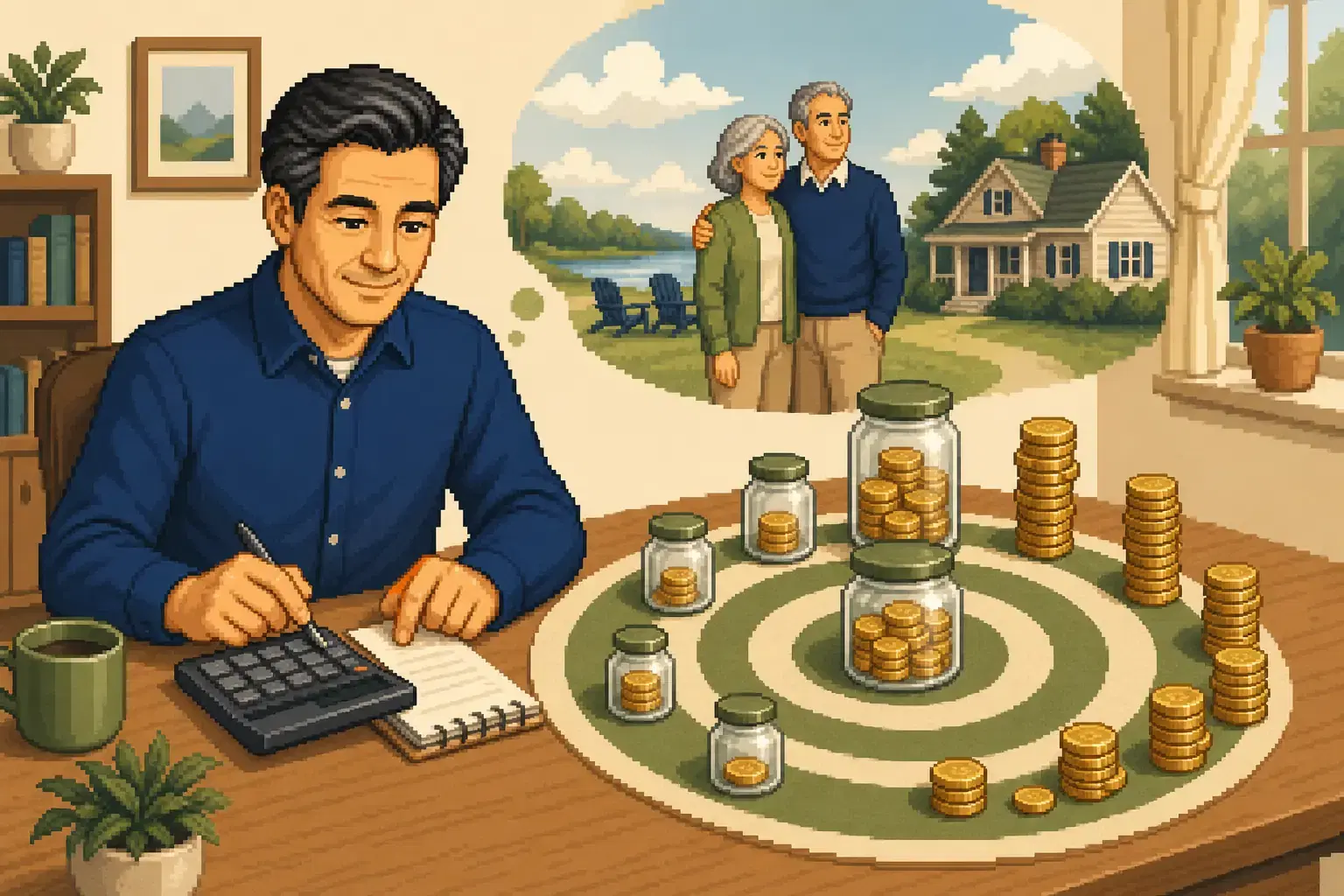 Retro pixel-art illustration of a family building a retirement savings target with a calculator.