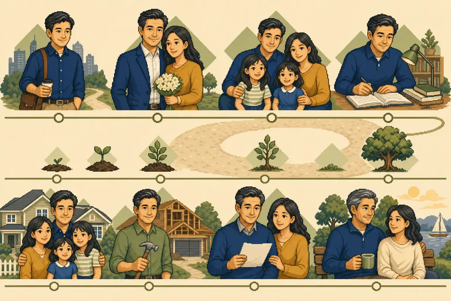 Retro pixel-art illustration of a father beginning a family retirement plan early.