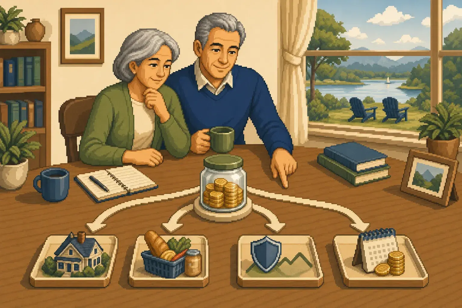 Retro pixel-art illustration of a retired couple comparing four ways to turn a savings jar into retirement spending.