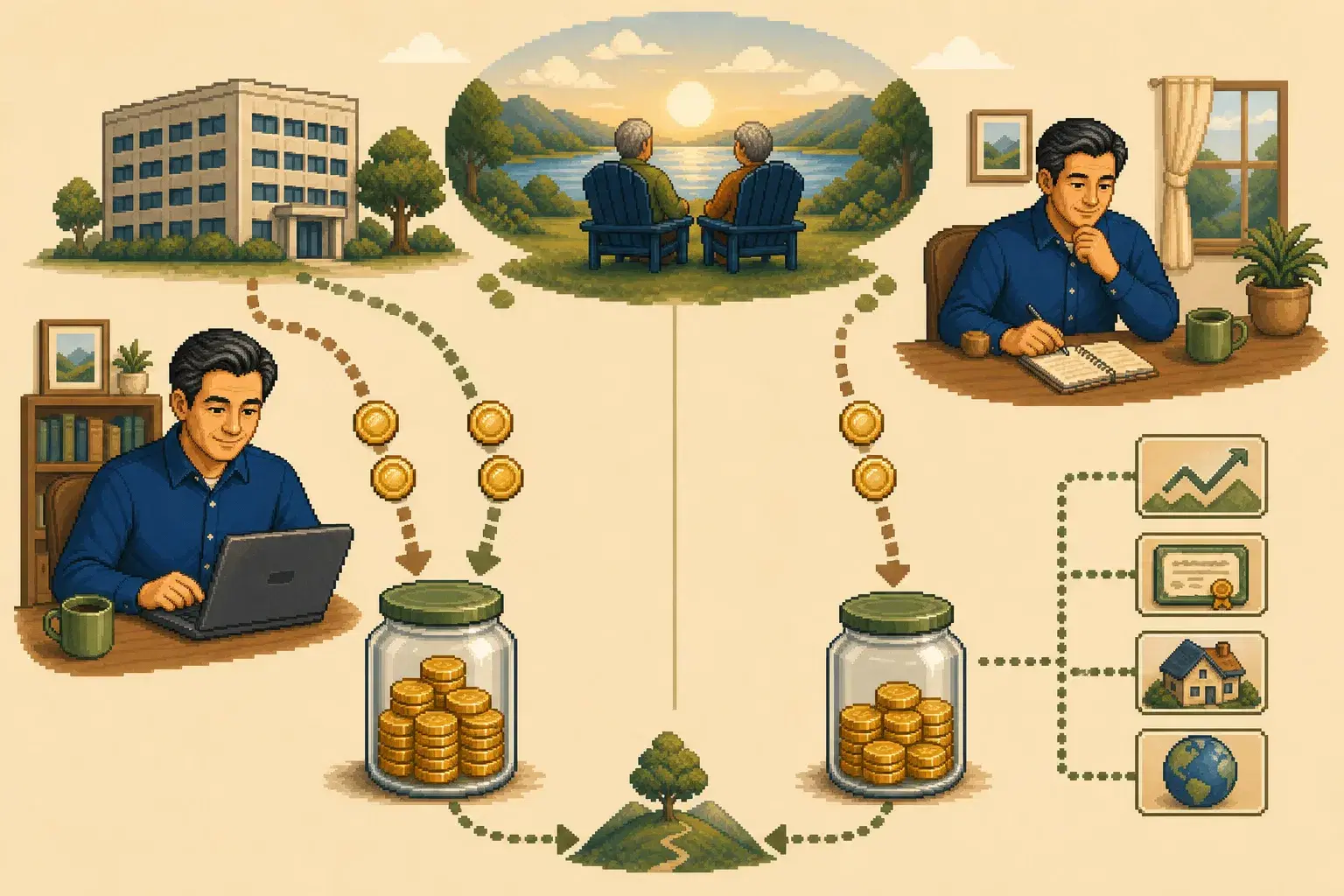 Retro pixel-art comparison of workplace retirement contributions with an employer match and individually directed IRA savings.