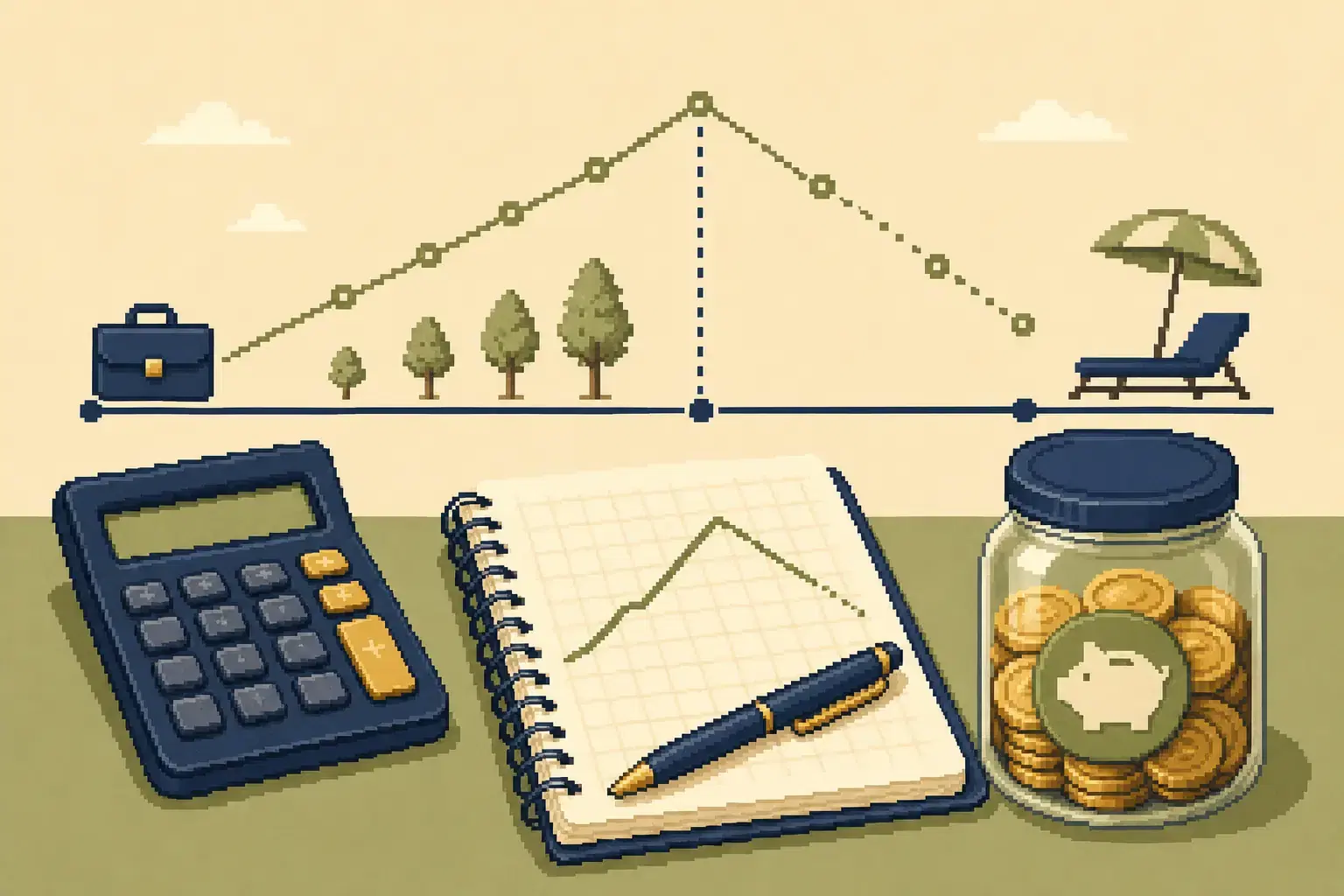 Retro pixel-art illustration of a calculator projecting retirement savings over time.