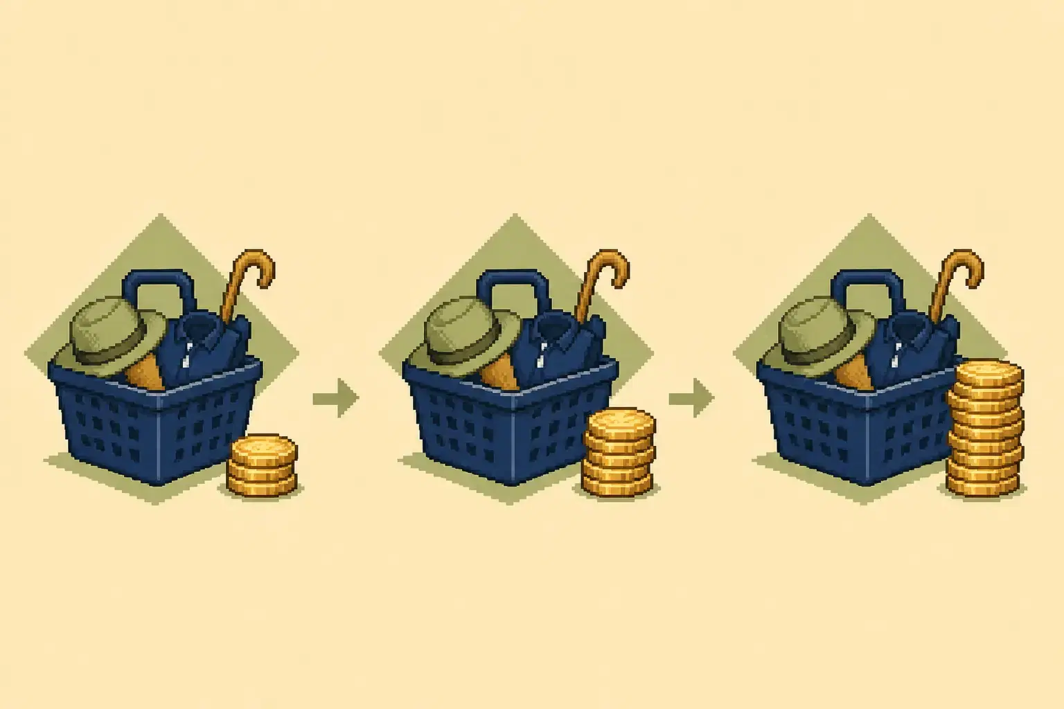 Retro pixel-art illustration of the purchasing power of money changing as prices rise over time.