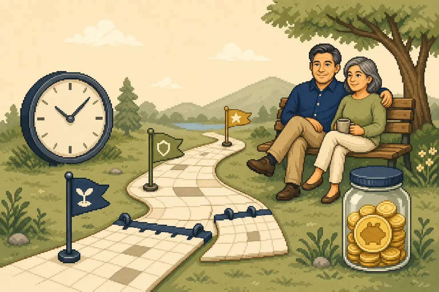 Retro pixel-art illustration of a retirement timeline with work, saving, and retirement milestones.