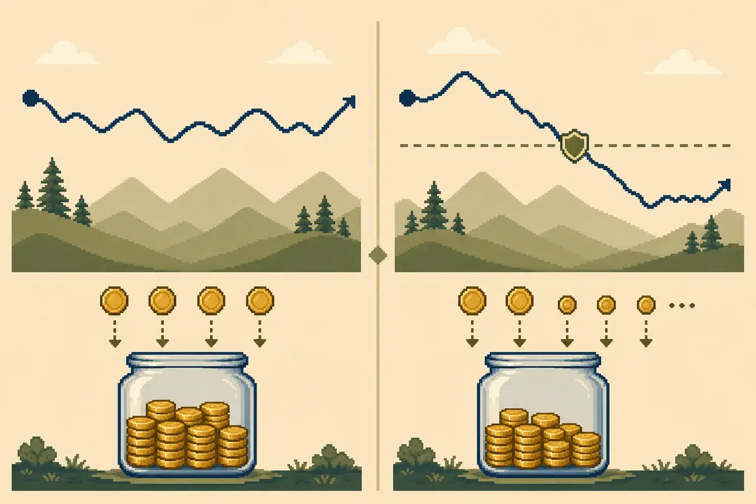 Retro pixel-art comparison of steady withdrawals and smaller withdrawals after a portfolio crosses a spending guardrail.